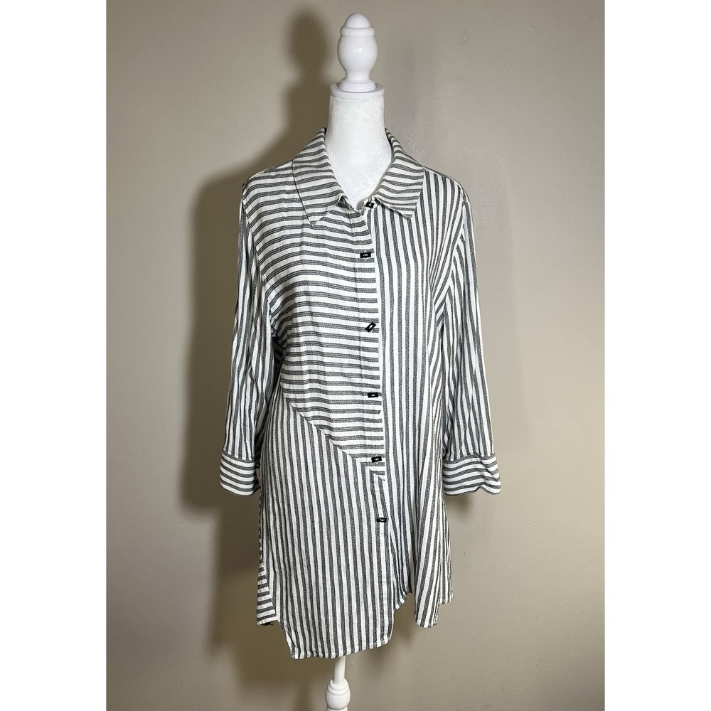 Soft Surroundings XL Striped Asymmetric Lagenlook Tunic Gray White 3/4 Sleeve